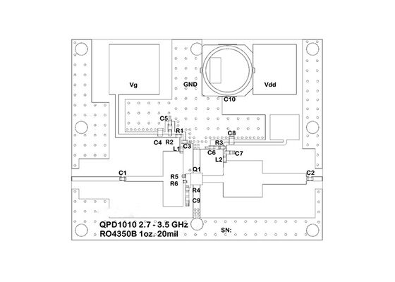 Papan Evaluasi Transistor RF GaN 4GHz DC ke 50V 10W Solusi Terpasang QPD1010EVB01